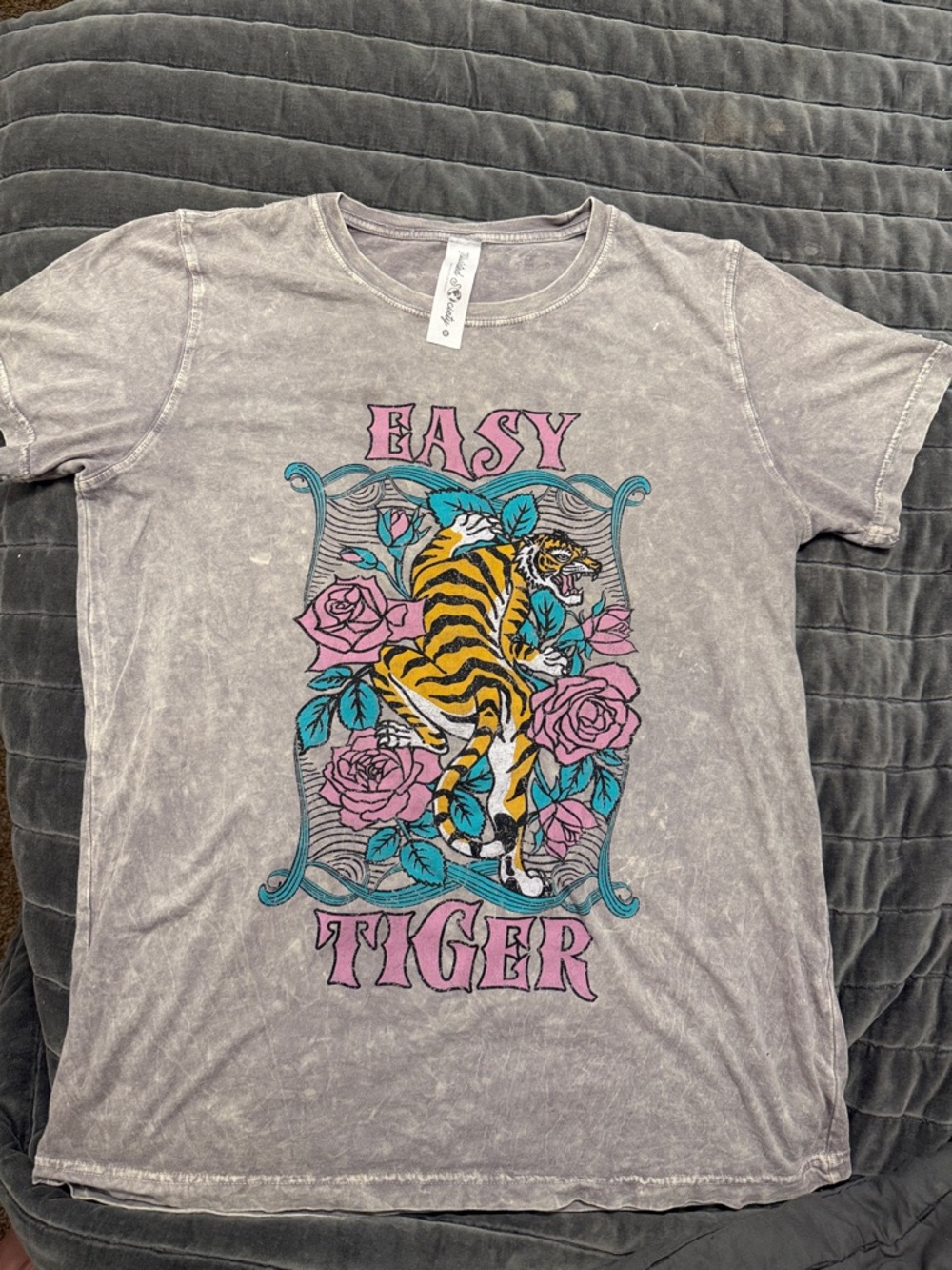 Easy Tiger Graphic Tee — Gray with Yellow, Pink & Teal Print